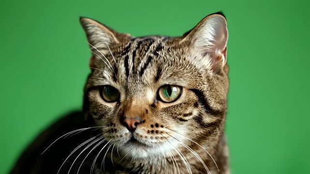 Curious tabby cat looking up on vibrant green background