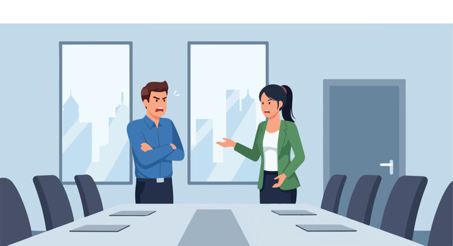 Two colleagues having a heated argument inside a modern office conference room