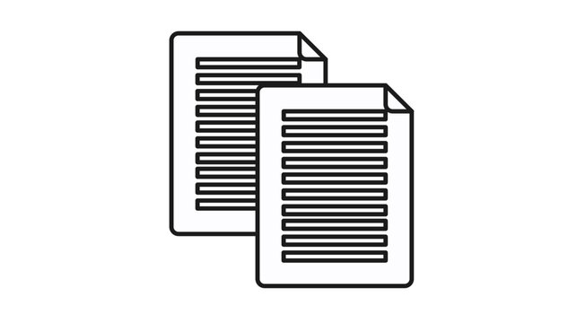 Minimalist black line vector icon illustration of two overlapping paper documents with dog-eared corners and text lines, symbolizing file management, copying, documentation, and office paperwork.