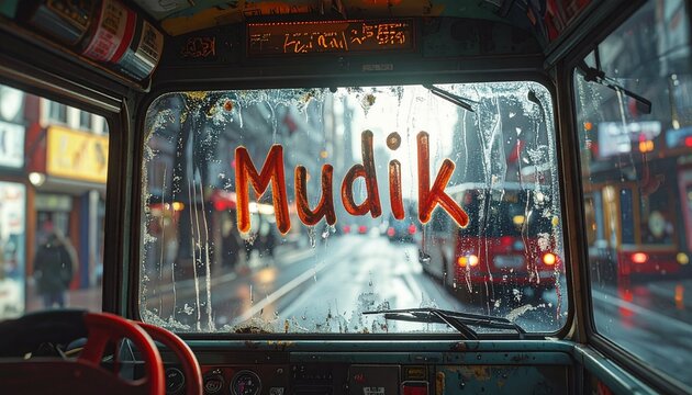 Mudik Bus Journey - A Glimpse Through the Windshield on a Rainy Day.