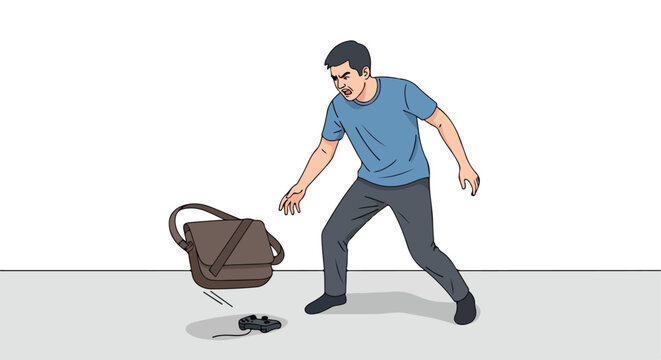 Angry man reacting to a falling messenger bag and a dropped game controller