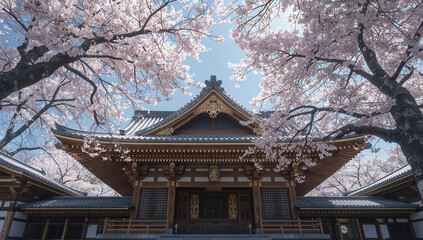 Fototapeta premium 桜の儚さと神社建築の歴史を感じる春の風景