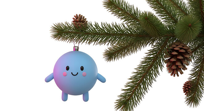 Cute blue cartoon ornament with smiling face hanging on a pine branch with pinecones, festive holiday decoration