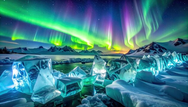 Vivid aurora borealis dancing above ice and snowy mountains