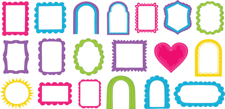 Collection of colorful decorative frames and borders with playful shapes for various design projects and creative embellishments