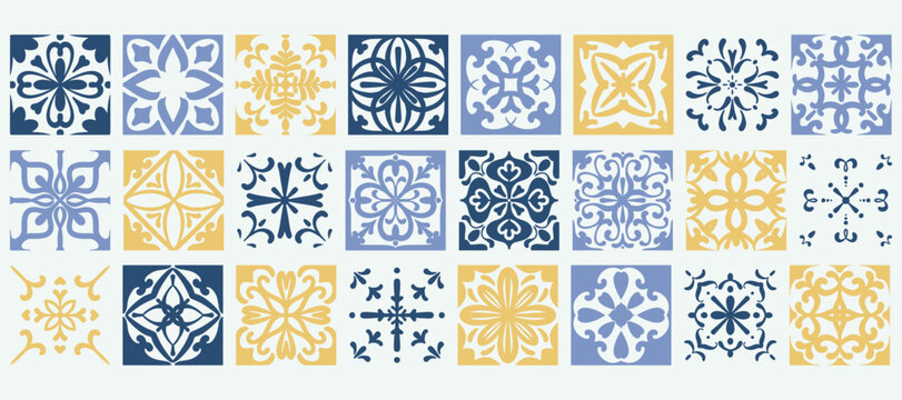 Blue Mediterranean ceramic tile collection with ornate mosaic patterns. Italian designs with floral motifs for decorative walls and traditional interiors. Vector illustration