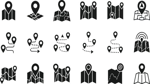 Location icon set with map, pin, navigation, distance, direction and address symbols in solid vector style..eps