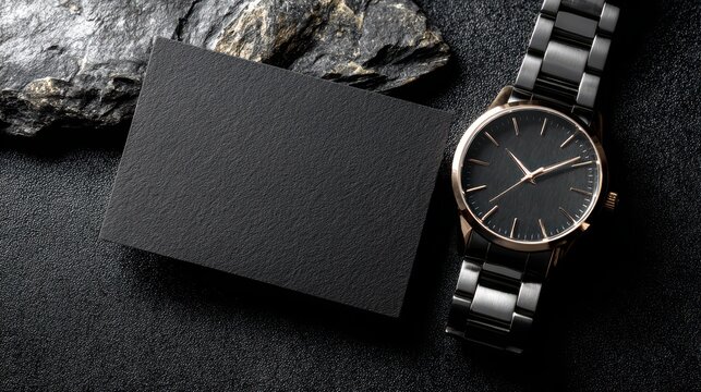 Elegent photo of  black business card mockup placed next to a luxury wristwatch on a dark textured background with copy space for corporate branding design.