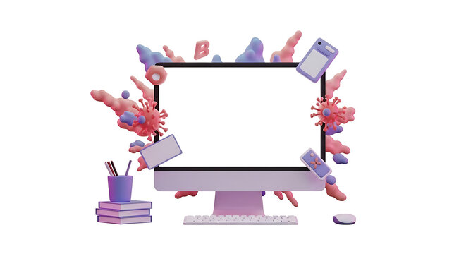 Computer screen surrounded by abstract 3D shapes, business icons, and study materials on a white background, digital concept