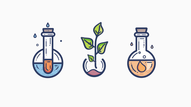 Three cartoon science icons. Flasks with colorful liquids and a plant in a round glass vessel