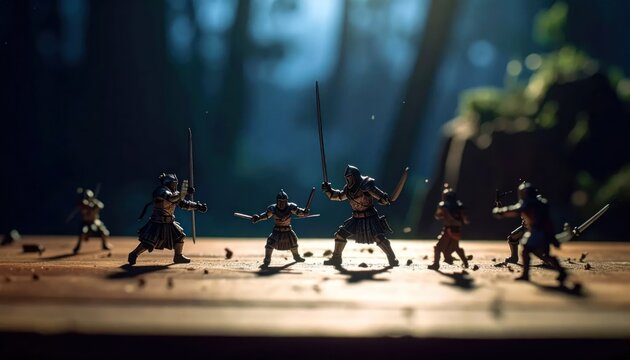 Tiny toy soldiers in battle on a wooden surface, blurred natural background