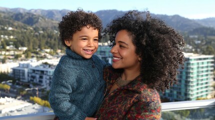 Fototapeta premium Mother and son enjoy time together in the city with mountains in view