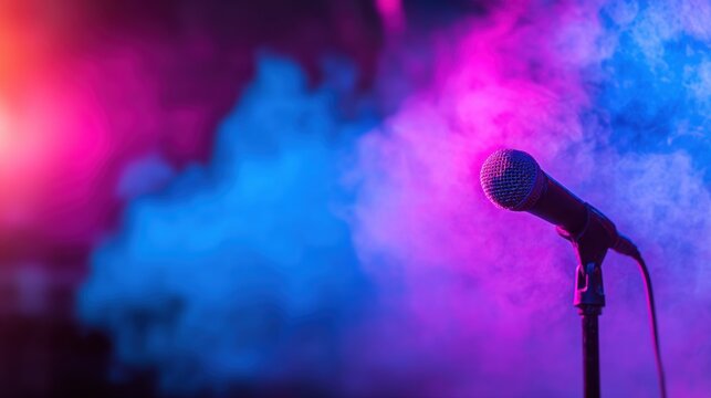 Colorful lights and smoke surround a microphone on stage during a performance