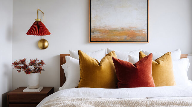 beautiful, luxurious and aesthetic bedroom interior of a luxe bright hotel room. Colorful pillows,lamp painting and flowers and white sheets