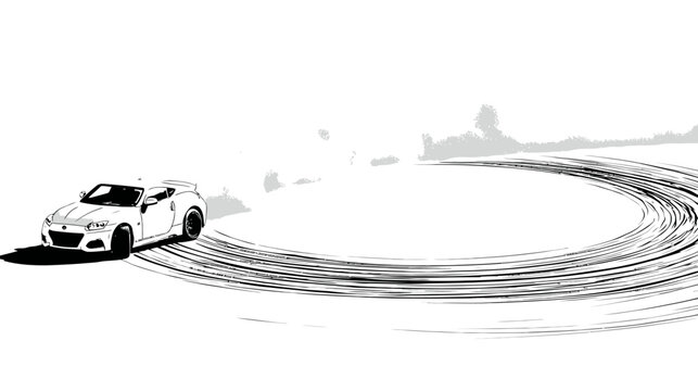 Stylized, white sports car drifting, leaving dark tire tracks on a light surface