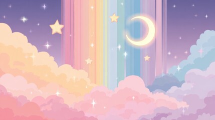 Fototapeta premium Colorful clouds and stars in a night sky with a crescent moon