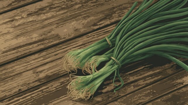 Two bundles of fresh green scallions rest diagonally across a textured wooden surface.