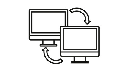 Data transfer and synchronization vector icon featuring two computer monitors with curved arrows. Minimalist black line art illustration for networking, file sharing, and remote access concepts. © MdKHALILUR