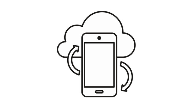 Cloud synchronization vector icon featuring a smartphone and circular arrows, representing mobile data backup, cloud storage, and wireless device syncing, minimalist black line illustration.