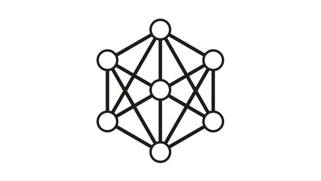 Black vector icon illustration of a hexagonal network structure with interconnected nodes and links, representing digital connectivity, data systems, neural networks, and complex technology.