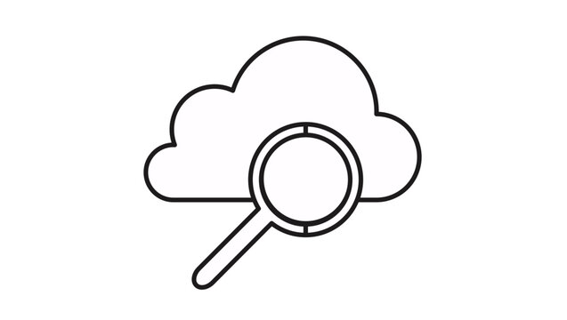 Minimalist black line vector icon of a cloud with a magnifying glass, symbolizing cloud search, data discovery, online storage analysis, and information retrieval, scalable illustration.