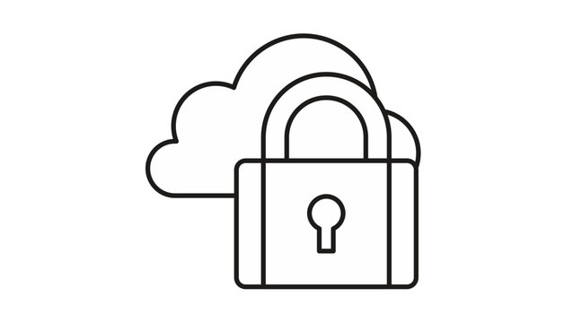 Cloud security vector icon illustration featuring a minimalist black line art padlock in front of a cloud symbol, representing data protection, secure online storage, and cyber safety measures.