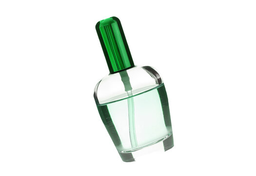 Elegant green-capped glass perfume bottle displayed upright on a plain background isolated on transparent background