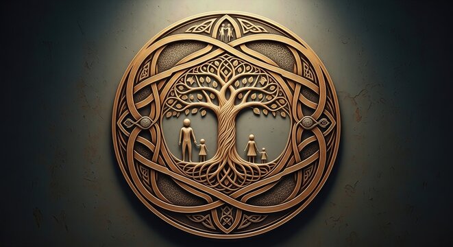 Golden Celtic Tree of Life emblem with family figures and knotwork
