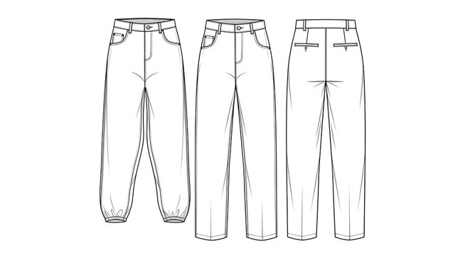 Fashion illustration of various denim pants styles for design.