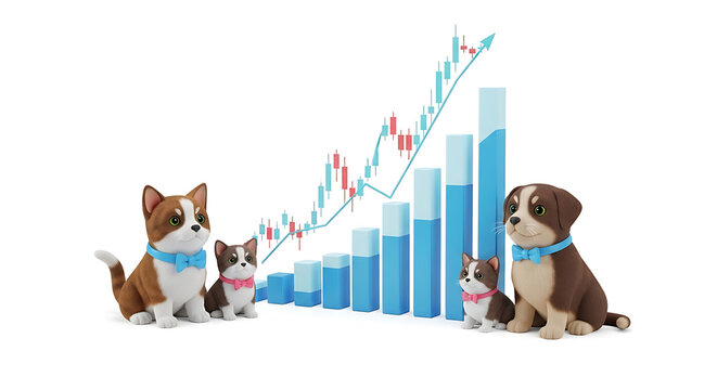 Cute cartoon dogs and cats with blue collars sit near a rising bar chart and stock market graph, representing financial growth and investment success