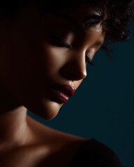 Fototapeta premium Portrait of black woman with makeup in studio, beauty transformation concept with dramatic lighting