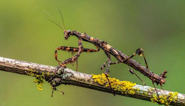 Praying Mantis on a Branch - A Detailed Macro Shot.