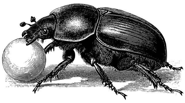 Engraved illustration of a dung beetle pushing a ball, black on white background