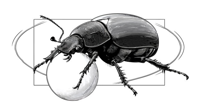 Black and white engraving of beetle pushing ball framed by geometric shapes
