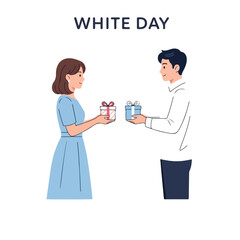 Fototapeta premium A young man and woman exchange gifts with each other on a special White Day