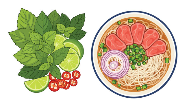 A bowl of noodle soup with beef, onions, and a side of fresh herbs and limes