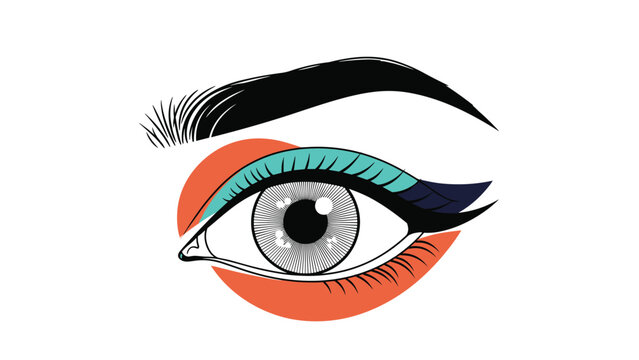 detailed close up illustration of a human eye with bold black eyeliner and vibrant teal and orange eyeshadow.