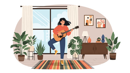 Fototapeta premium Young woman happily plays an acoustic guitar while standing in a stylishly decorated living room filled with many green indoor houseplants.