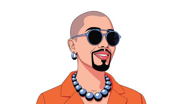 Stylish man with a shaved head and a goatee wears dark sunglasses and a large blue pearl necklace while posing in a bright orange blazer.