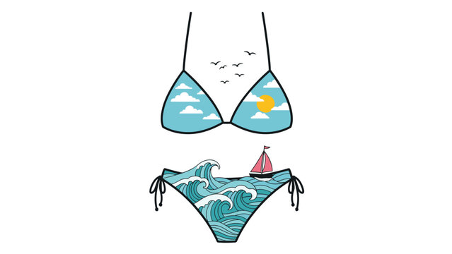 Creative illustration of a blue bikini set featuring a sunny beach sky with clouds and seagulls in the top and ocean waves with a boat in the bottom.
