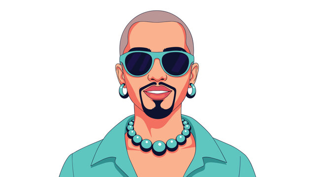 Person with a shaved head and goatee wears sunglasses and jewelry to show a confident and modern urban style on a white background.