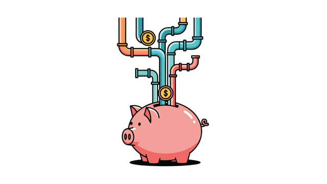 Pink piggy bank receives money through a network of colorful pipes to symbolize automated savings and multiple sources of income.