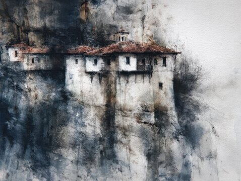 Ancient structure precariously perched on a sheer cliff face, evoking a sense of history