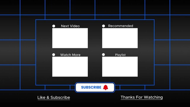 Black screen with white placeholders for video suggestions. Red button invites viewers to subscribe. Left label indicates recommended content. Right label suggests next video