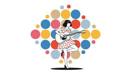 Fototapeta premium Musician in a polka dot dress plays acoustic guitar in front of a colorful geometric circle pattern to express her artistic soul.