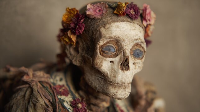 Skeleton with flowers on head in special display at a museum in Mexico