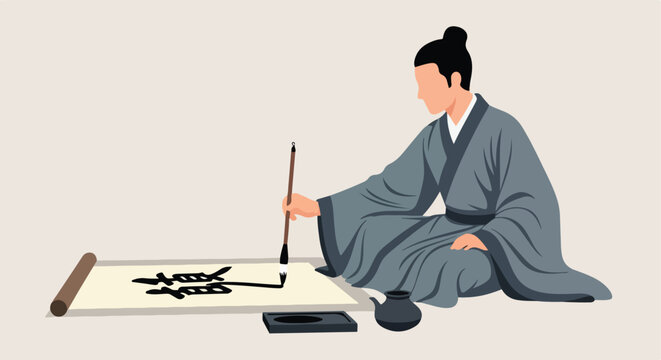 A person in traditional robes practices East Asian ink calligraphy on a scroll