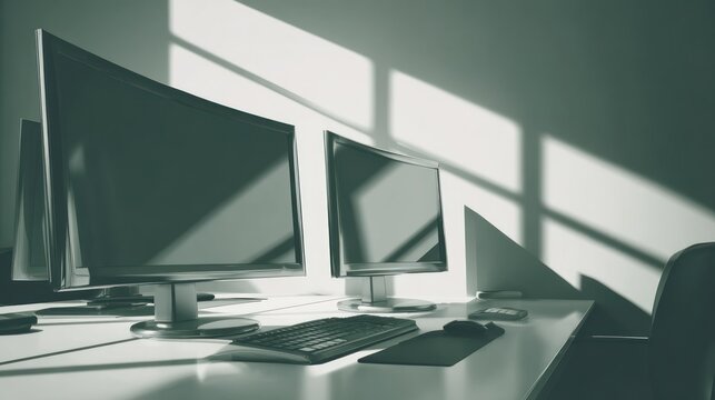 Multiple electronic displays sit on a bright office desk illuminated by strong window shadows