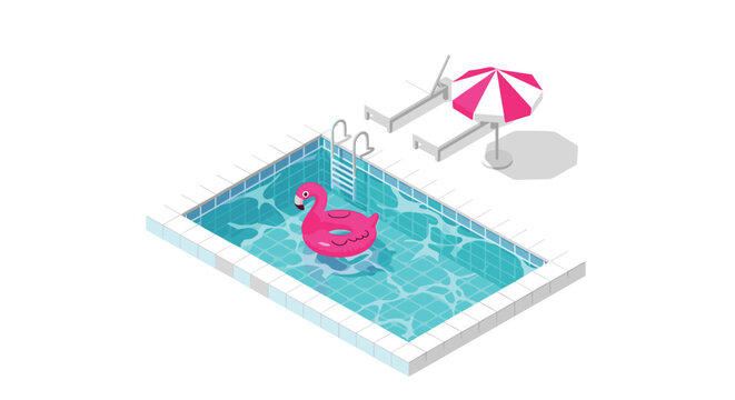 A refreshing isometric swimming pool features a vibrant pink flamingo float and white lounge chairs under a pink striped umbrella on a clean surface.