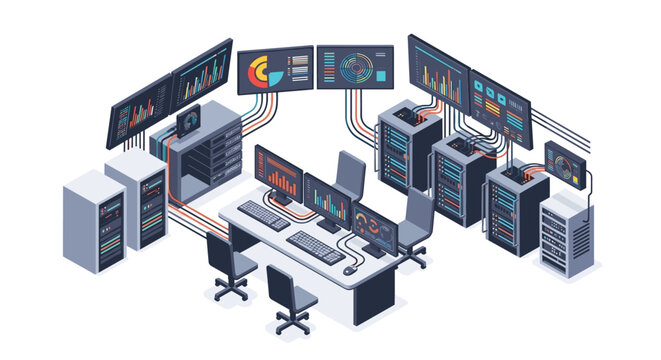 A detailed isometric rendering showcases a sophisticated network operations center filled with multiple data monitors and server racks under bright studio lighting.
